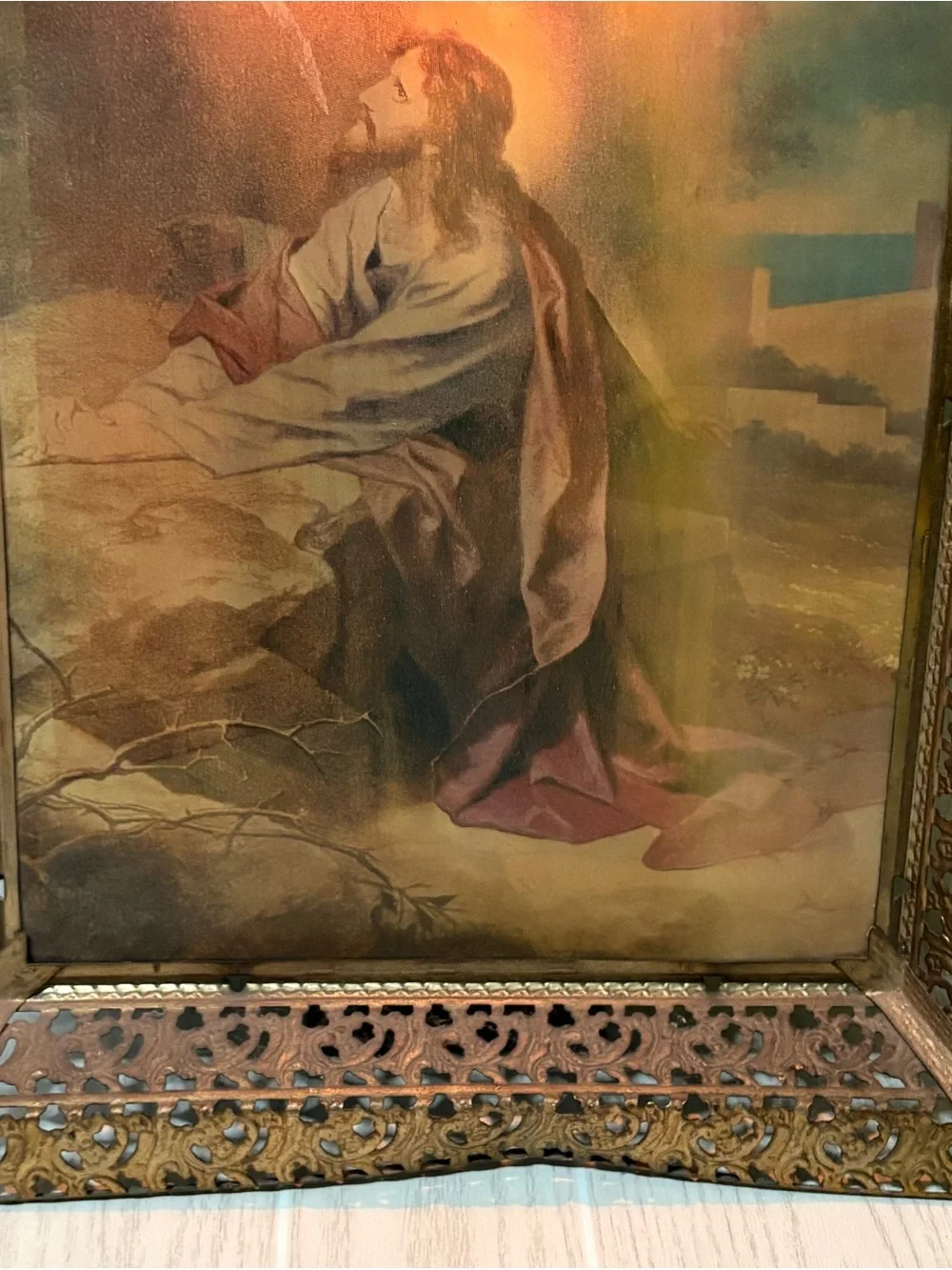 Vintage Antique Lighted 3D Hologram Jesus Lenticular Framed Metal Tested